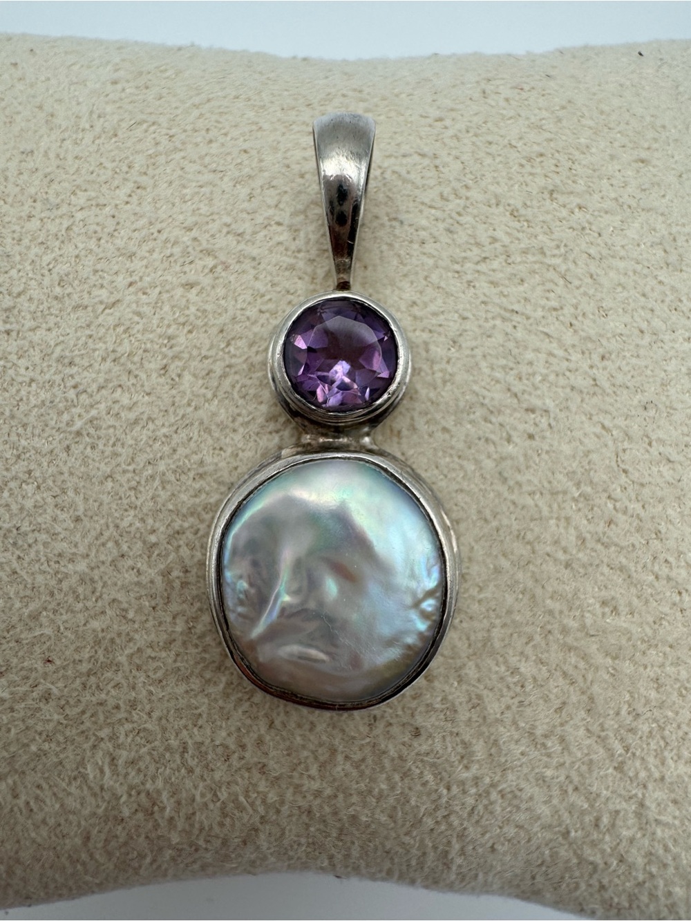 925 Sterling Silver Amethyst Pearl Pendant 4.14g Artisan Jewelry